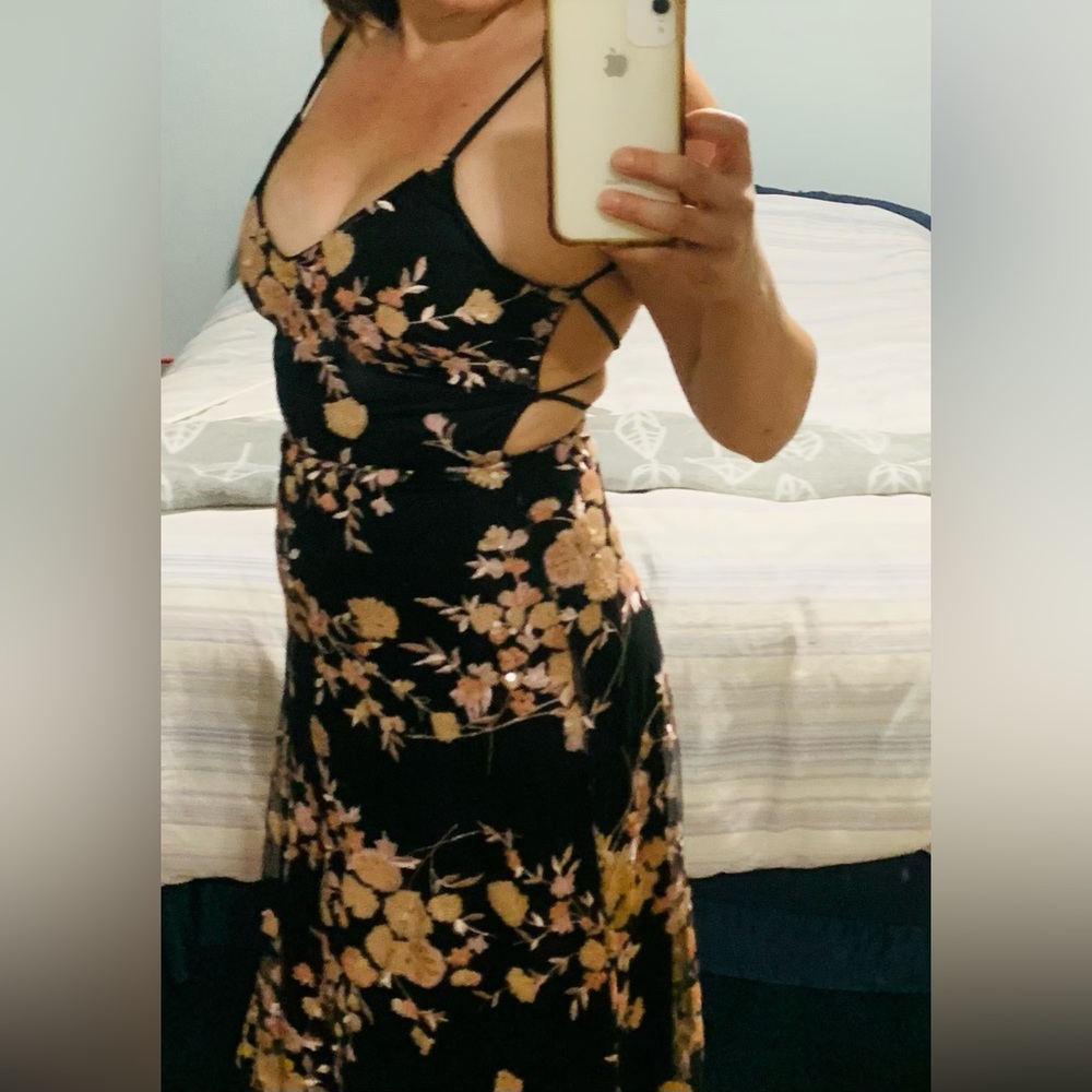 Floral Black, Pink, and Peach Evening Dress
